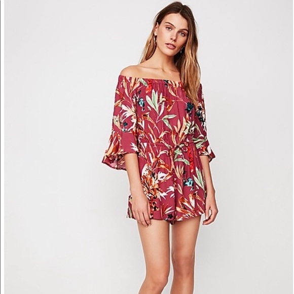 Express Pants - Express Tropical Floral Off Shoulder Romper (S)